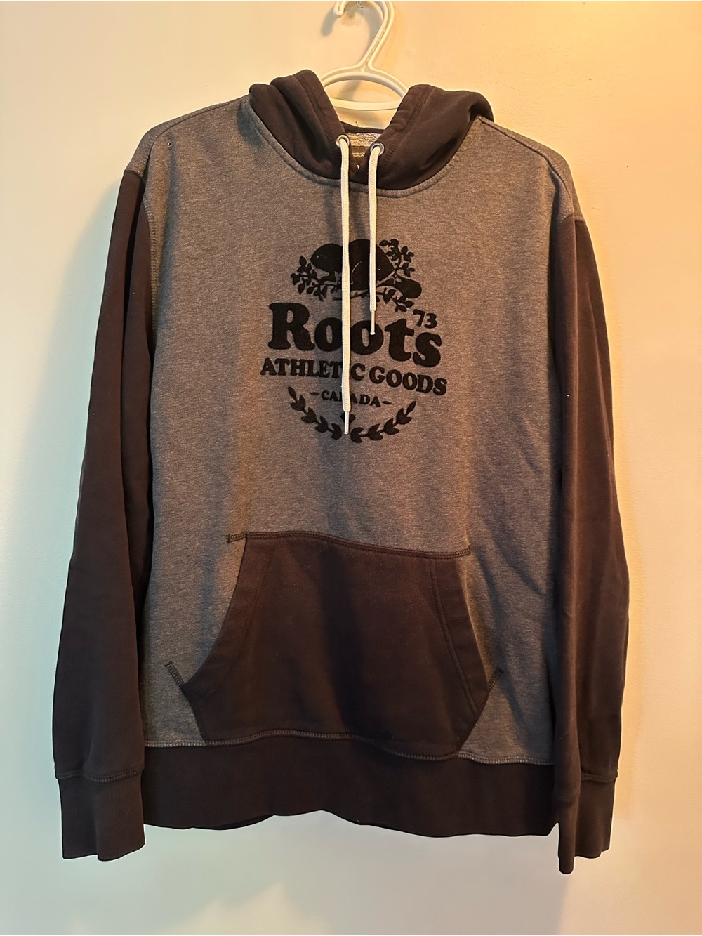 Roots Two-Tone Grey and Brown Logo Hoodie - Men's Pullover